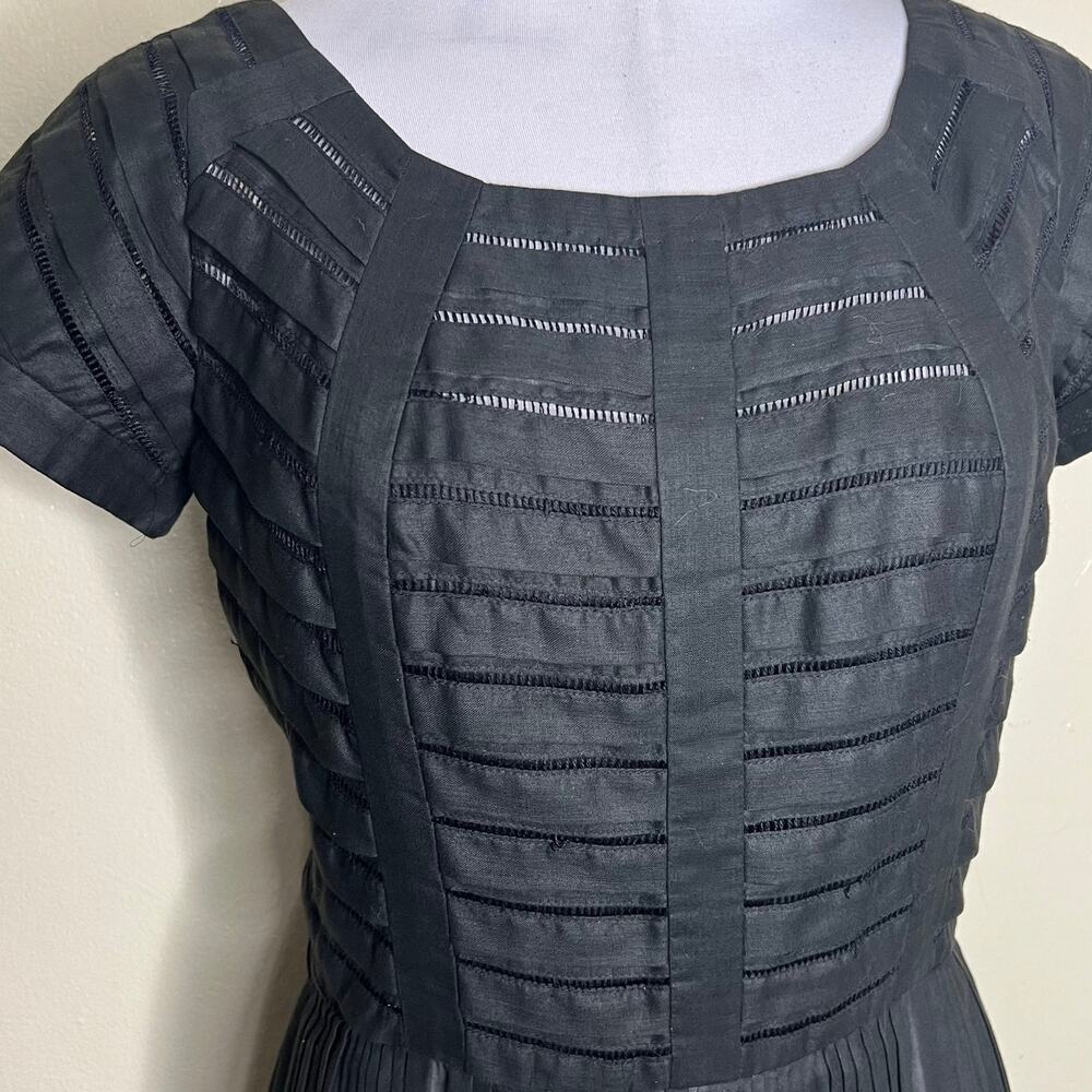 Vtg 50s Carlye Midi Dress 6/8 Black Pleated Cotton Mid Century Made in USA 60s - Picture 6 of 8